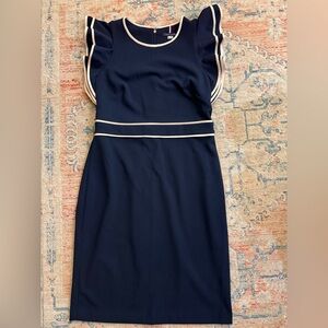 TOMMY HILFIGER Flutter-Sleeve Sheath Dress. Size 8. Navy/Tan